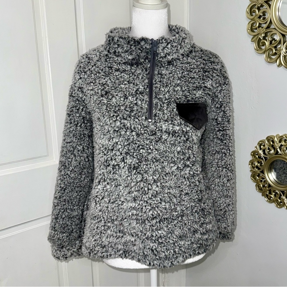 Gray Faux Fur Fleece 1/4 Zip Pullover Sweater with Black Pocket Mock Neck Size S